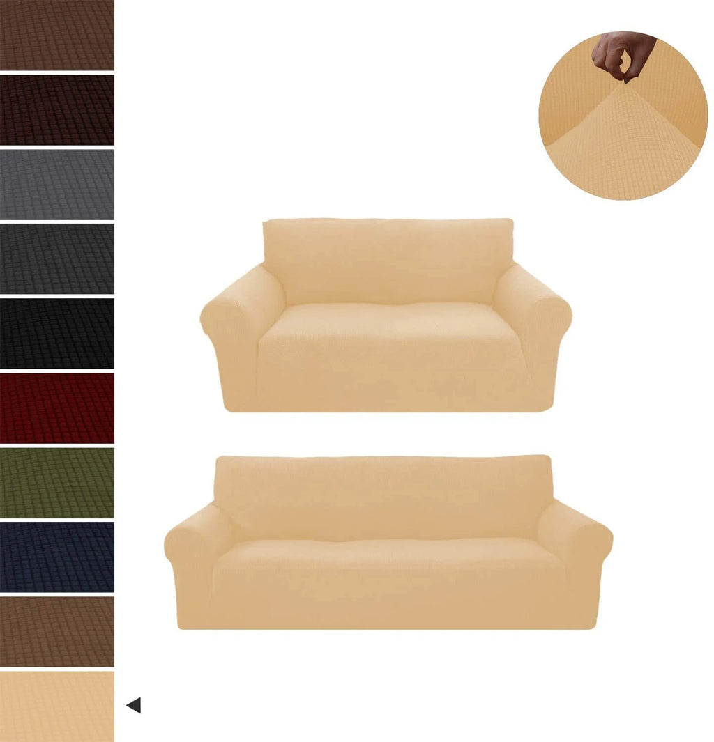 Beige/Cream 2-Piece Brushed Polyester Spandex SlipCover Set for Sofa Loveseat Couch X3719