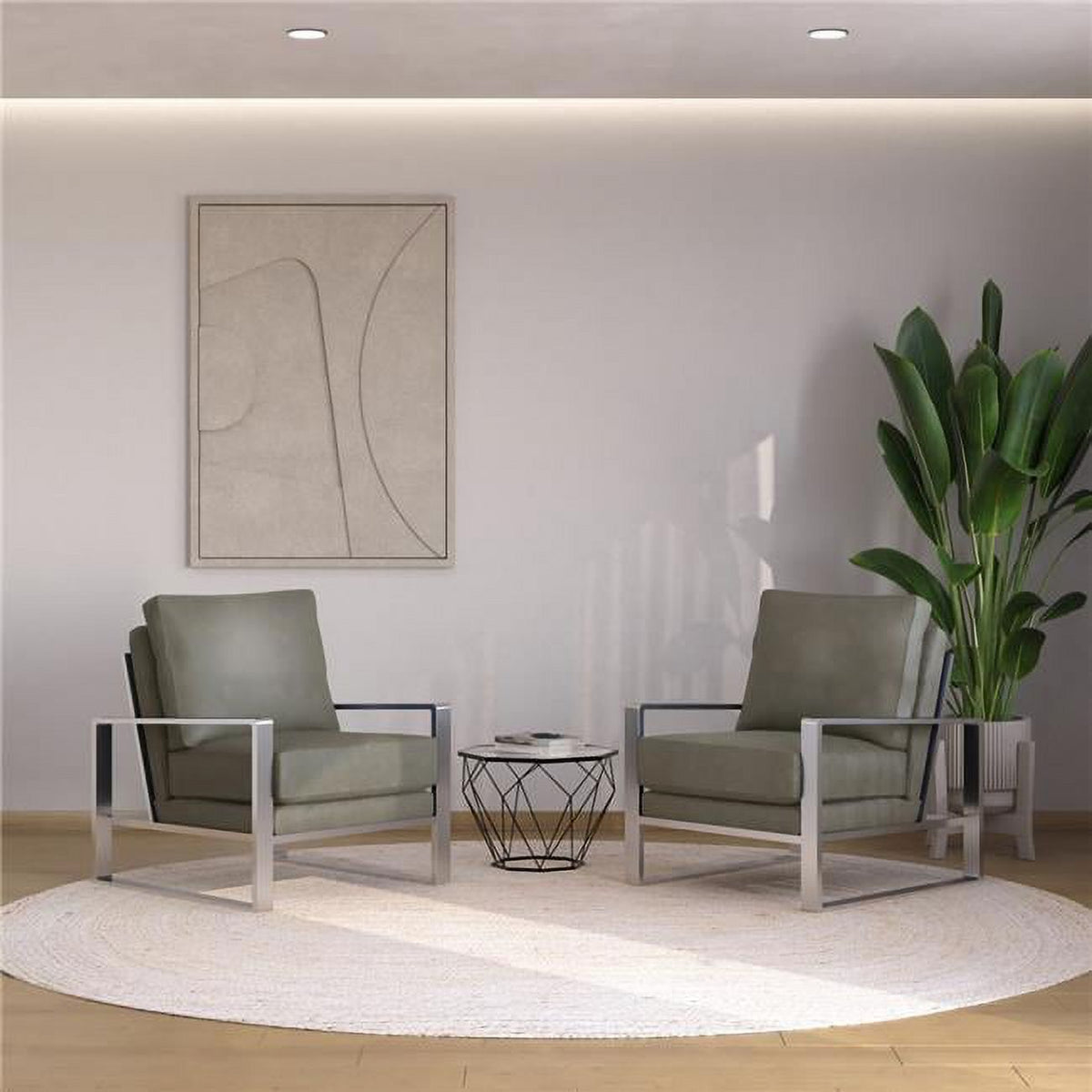 Grey Leather Armchair with Silver Frame and Octagon Coffee Table G51910
