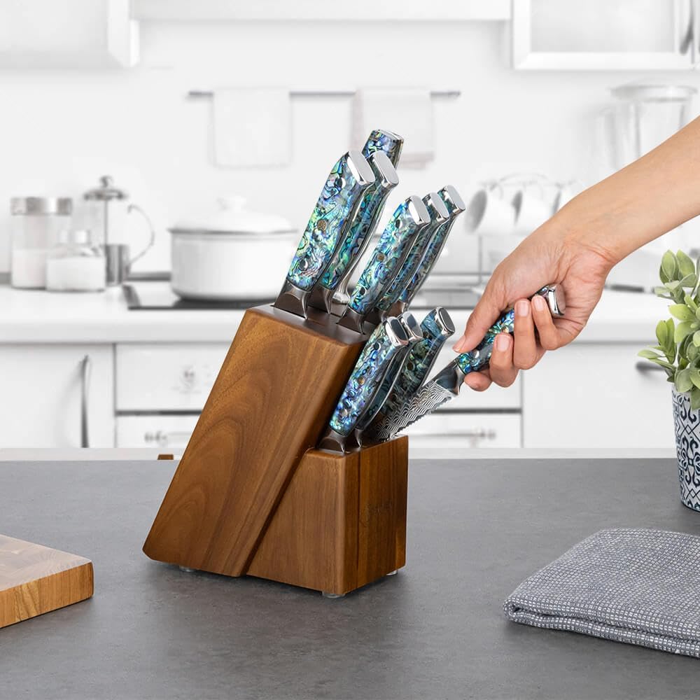 11-Piece Damascus Knife Block Set with Abalone Shell Handle Japanese VG10 Steel Chef Knife V34408