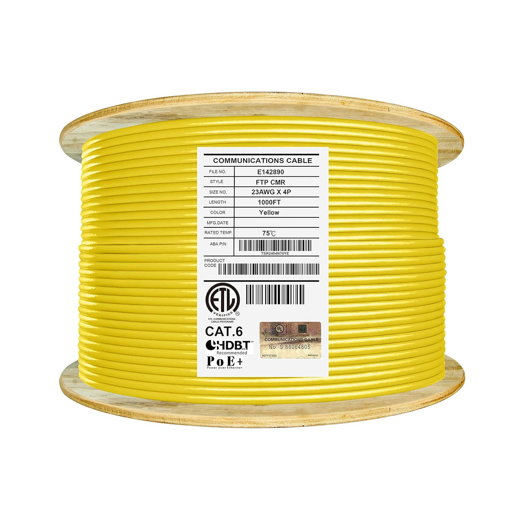 Cat6 Shielded Riser 1000ft F/UTP 23AWG Solid Bare Copper 550MHz Bulk Ethernet Cable Reel Yellow L217573
