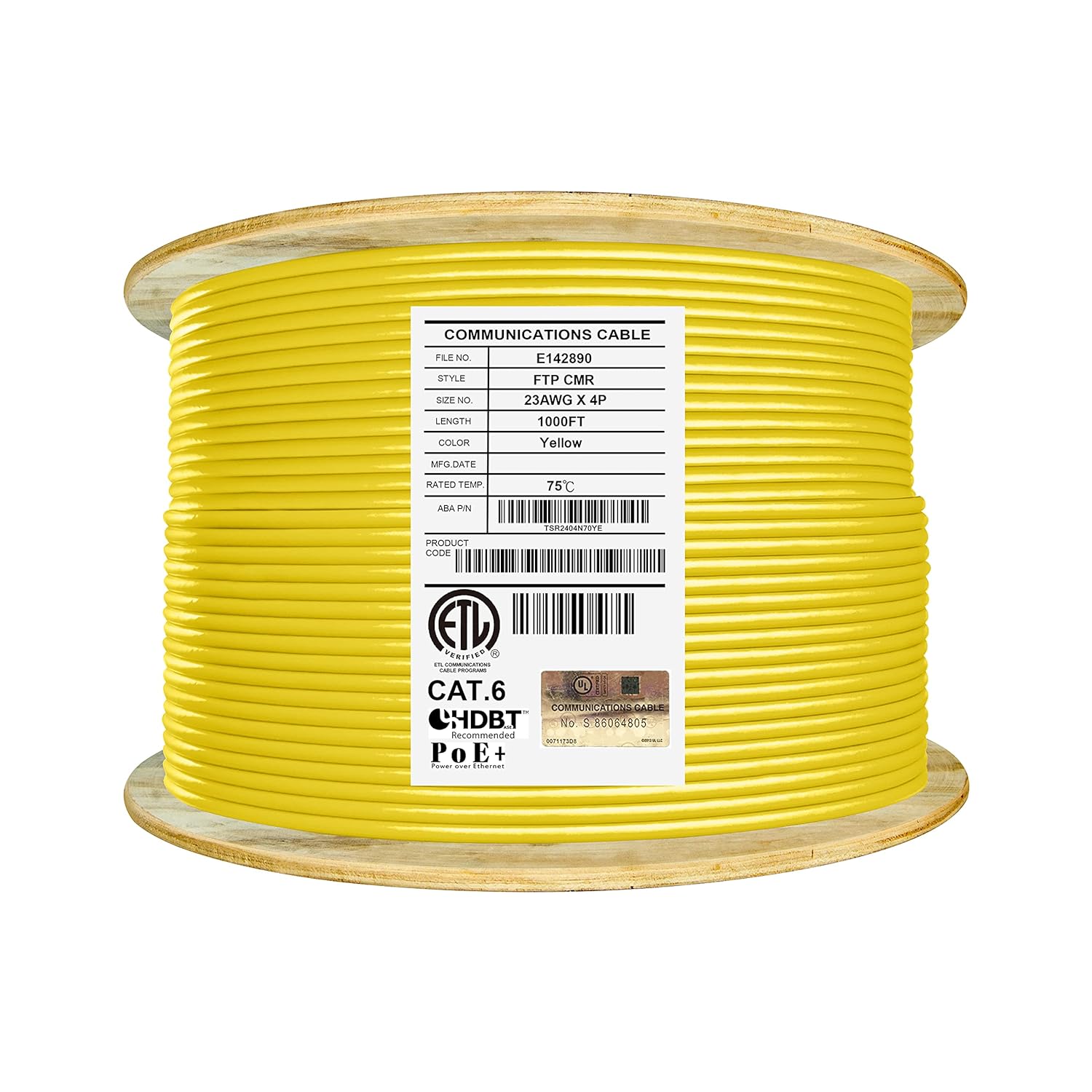 Cat6 Shielded Riser 1000ft F/UTP 23AWG Solid Bare Copper 550MHz Bulk Ethernet Cable Reel Yellow L217573