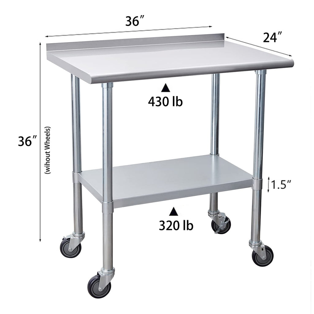 Stainless Steel Table 24 x 72 Inches with Caster Wheels and Undershelf I787