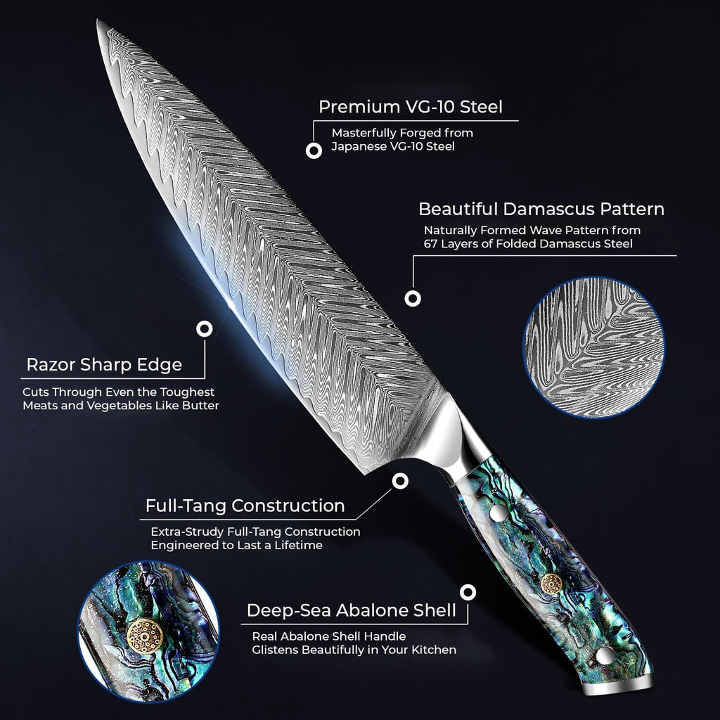 11-Piece Damascus Knife Block Set with Abalone Shell Handle Japanese VG10 Steel Chef Knife V34408