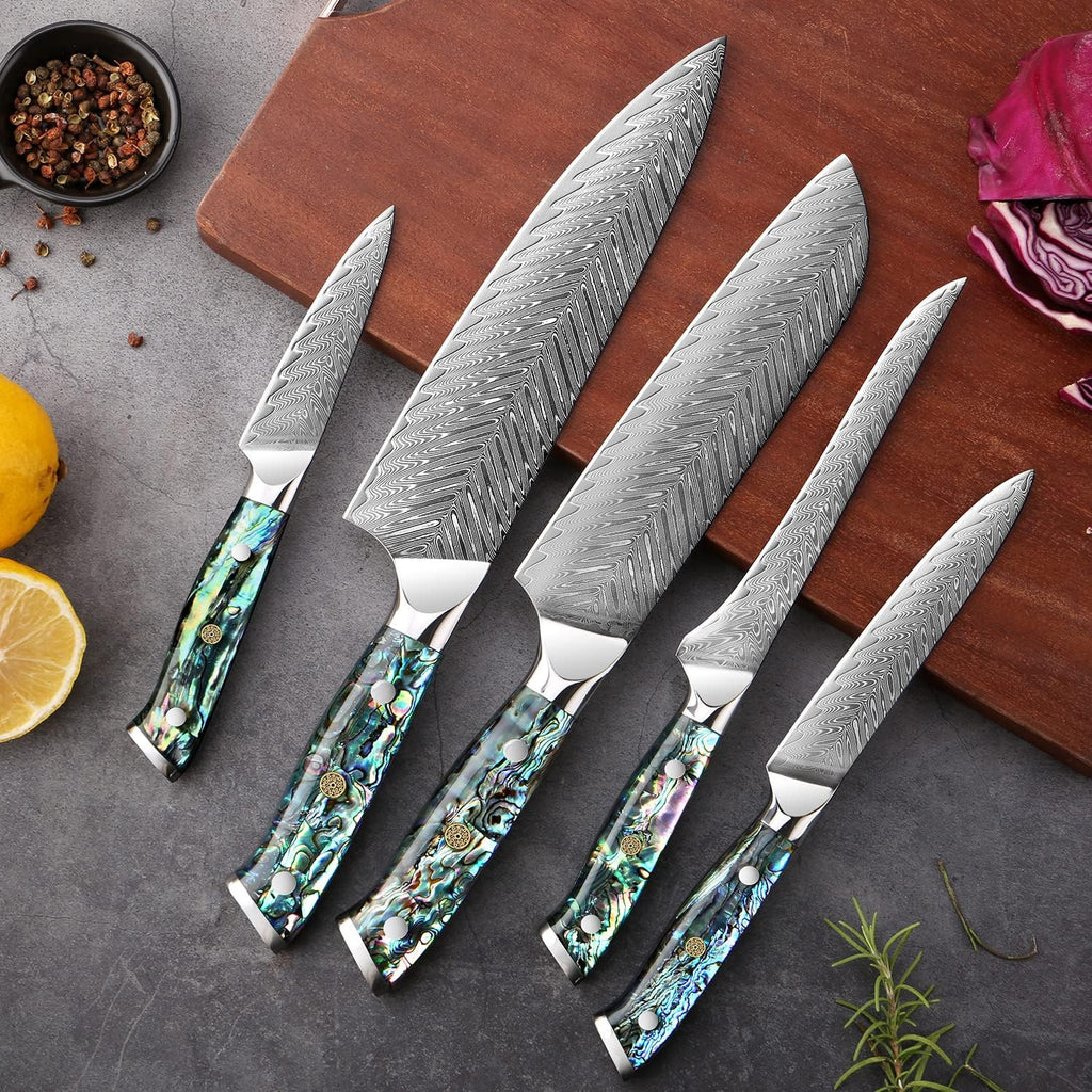 11-Piece Damascus Knife Block Set with Abalone Shell Handle Japanese VG10 Steel Chef Knife V34408