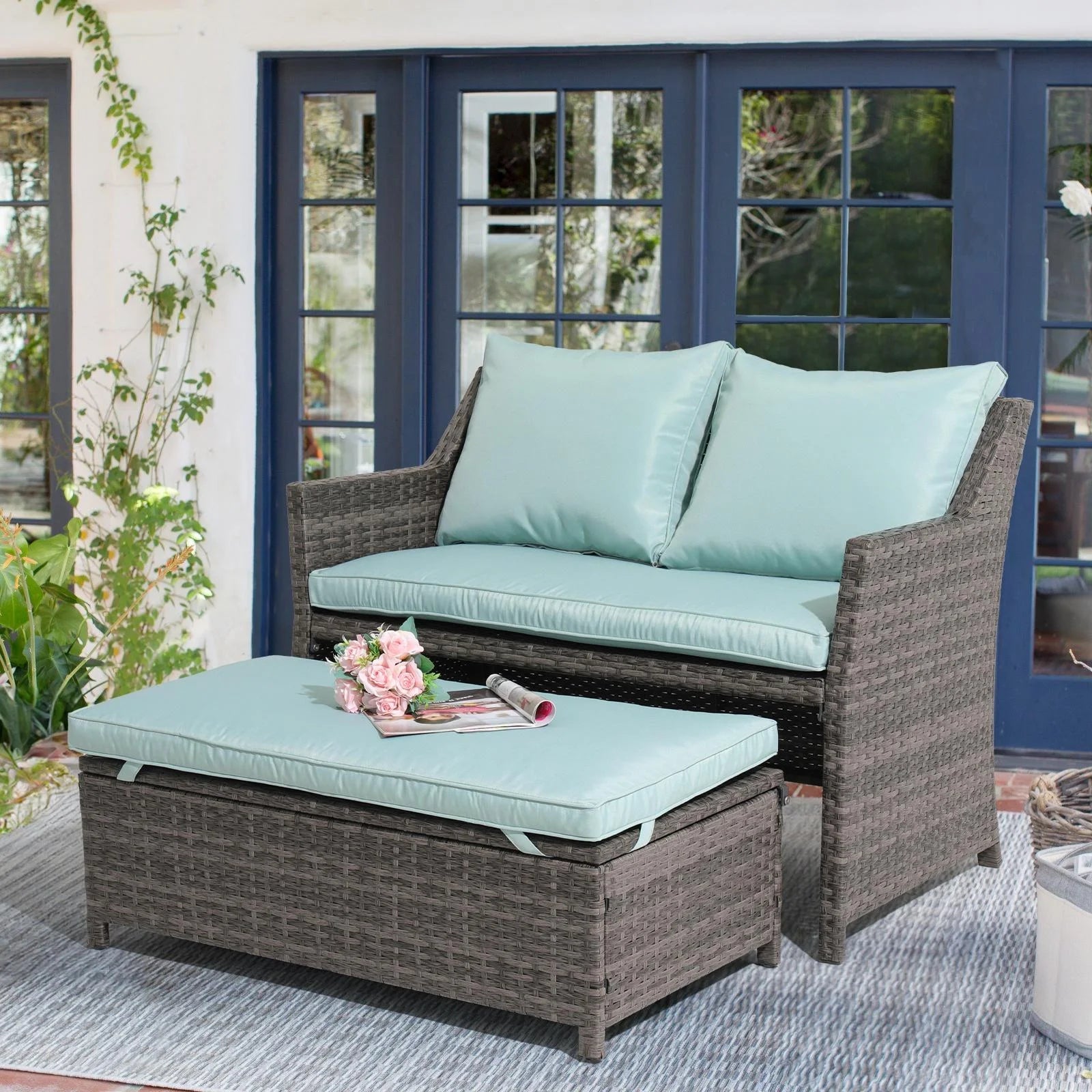 Grey Rattan 2-Piece Outdoor Patio Furniture Set with Green Cushions W27994