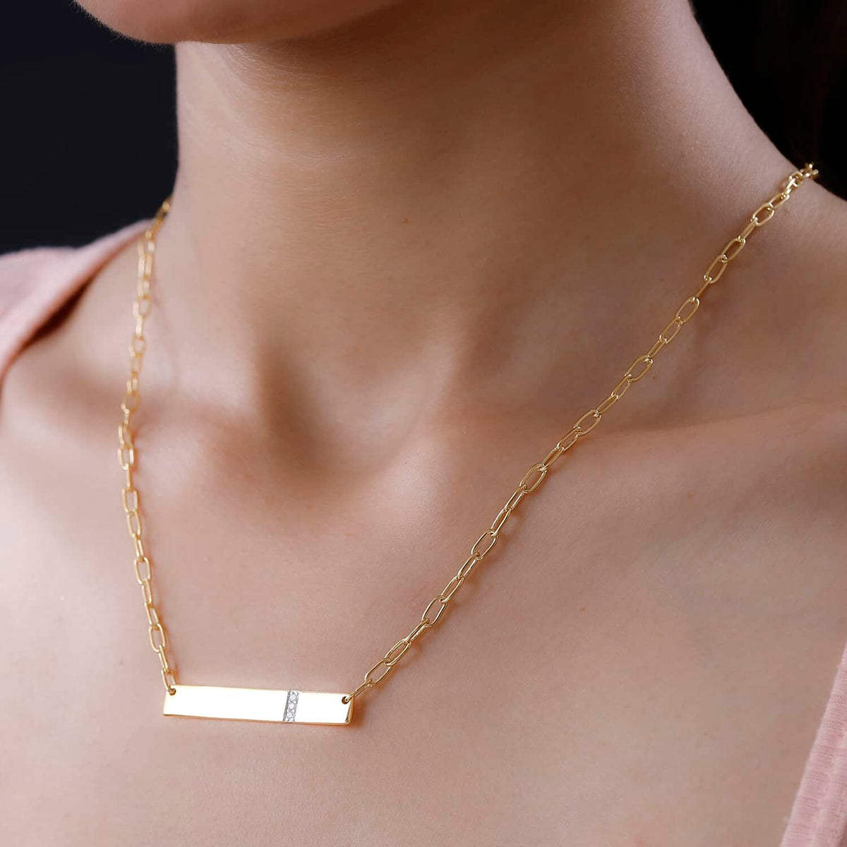 Moissanite Round 925 Sterling Silver Vermeil Yellow Gold Plated Initial Bar Necklace, Size 18", Ct 0.04 D68218