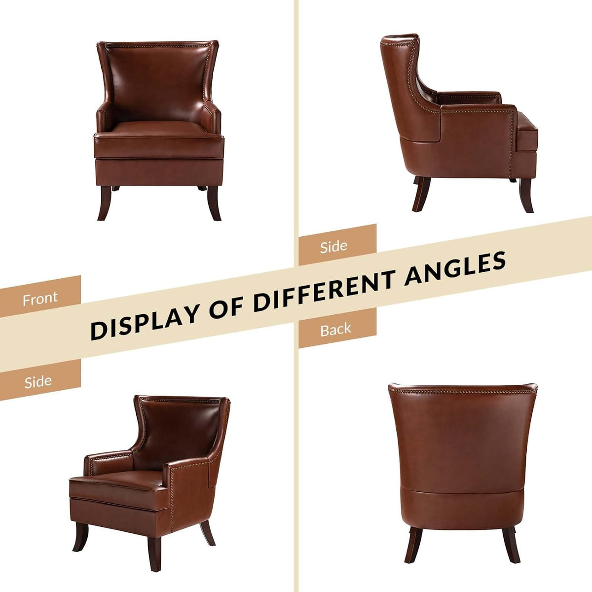 Brown Faux Leather Accent Chairs Set Of 2 With Nailhead Trim Wingback M9794