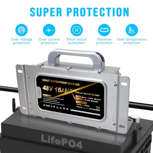 58.4V 15A Lithium Onboard Battery Charger for 48V 16S LiFePO4 Battery, IP67 Waterproof Smart Charger R55580