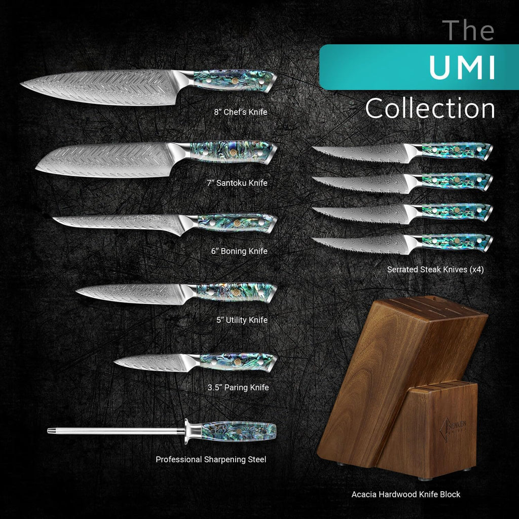 11-Piece Damascus Knife Block Set with Abalone Shell Handle Japanese VG10 Steel Chef Knife V34408