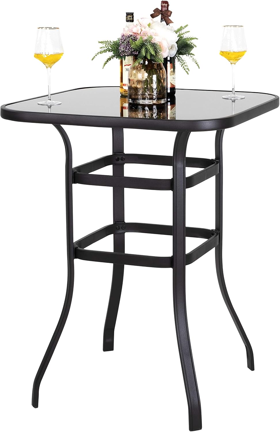 32 Inch Square Steel Frame Bar Height Bistro Table with Tempered Glass Table Top Black B403238