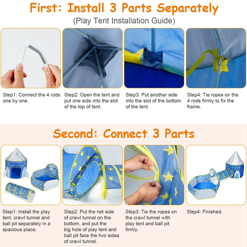 3 in 1 Foldable Kids Play Tent with Storage Bag, Blue K64685