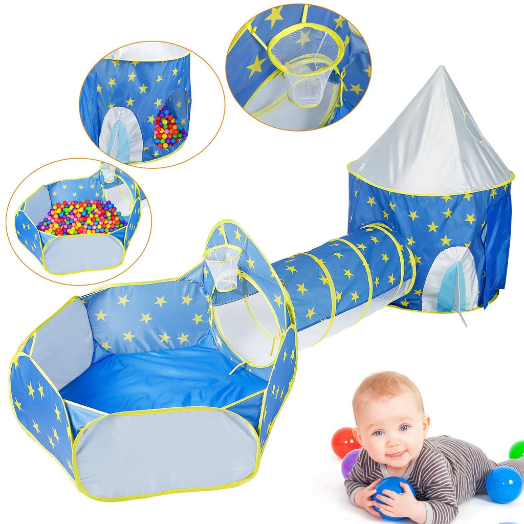 3 in 1 Foldable Kids Play Tent with Storage Bag, Blue K64685