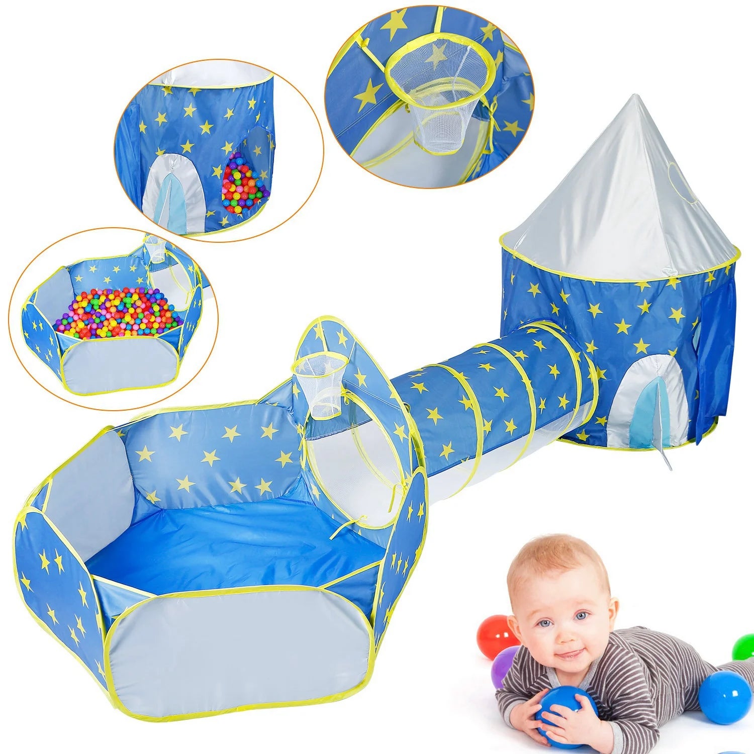 3 in 1 Foldable Kids Play Tent with Storage Bag, Blue K64685
