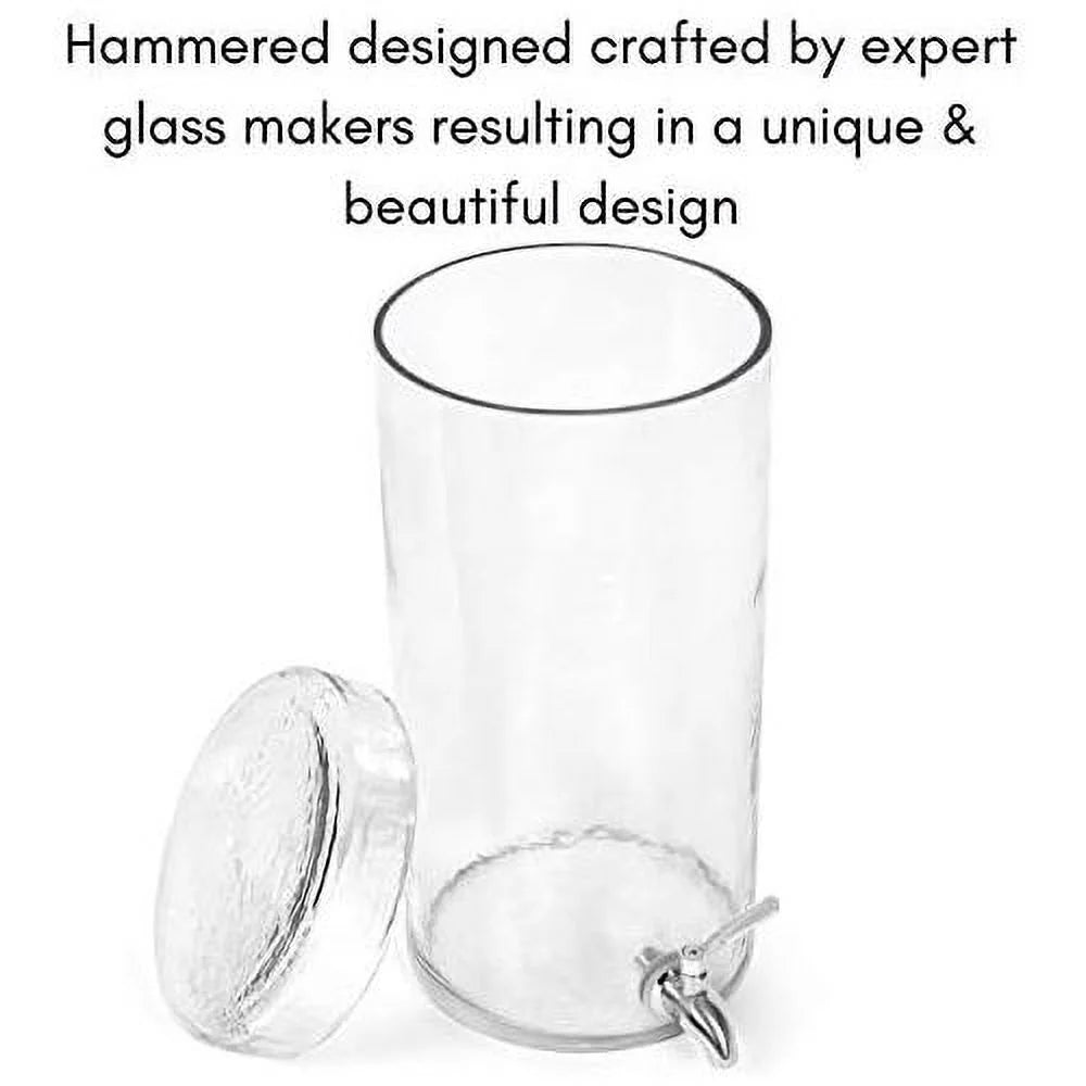 Gallon Beverage Dispenser With Lid, Hammered Glass, Stainless Steel Spigot Y91696