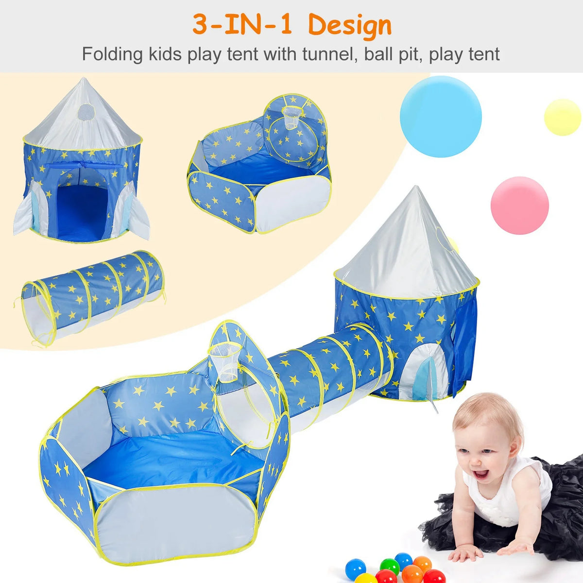 3 in 1 Foldable Kids Play Tent with Storage Bag, Blue K64685