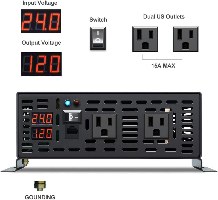1500W 24V Pure Sine Wave Power Inverter with Remote Controller Dual AC Outlets LED Display L79513
