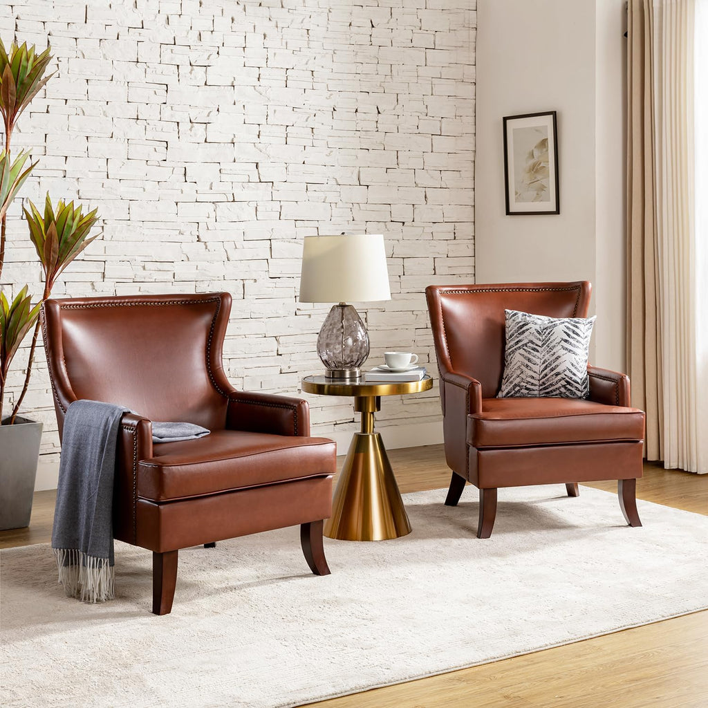 Brown Faux Leather Accent Chairs Set Of 2 With Nailhead Trim Wingback M9794