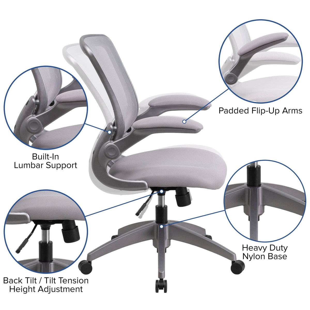 Gray Mesh Swivel Ergonomic Task Office Chair with Flip-Up Arms M397