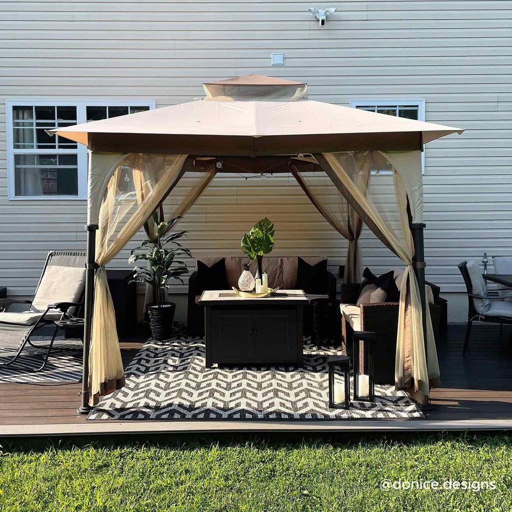 Tan and Brown Steel Frame Outdoor Patio Gazebo with Netting K222420