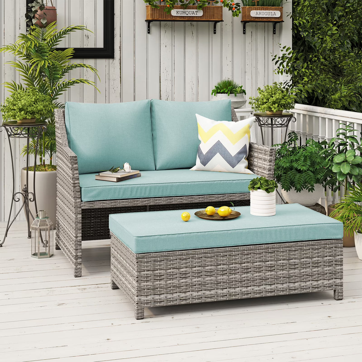 Grey Rattan 2-Piece Outdoor Patio Furniture Set with Green Cushions W27994