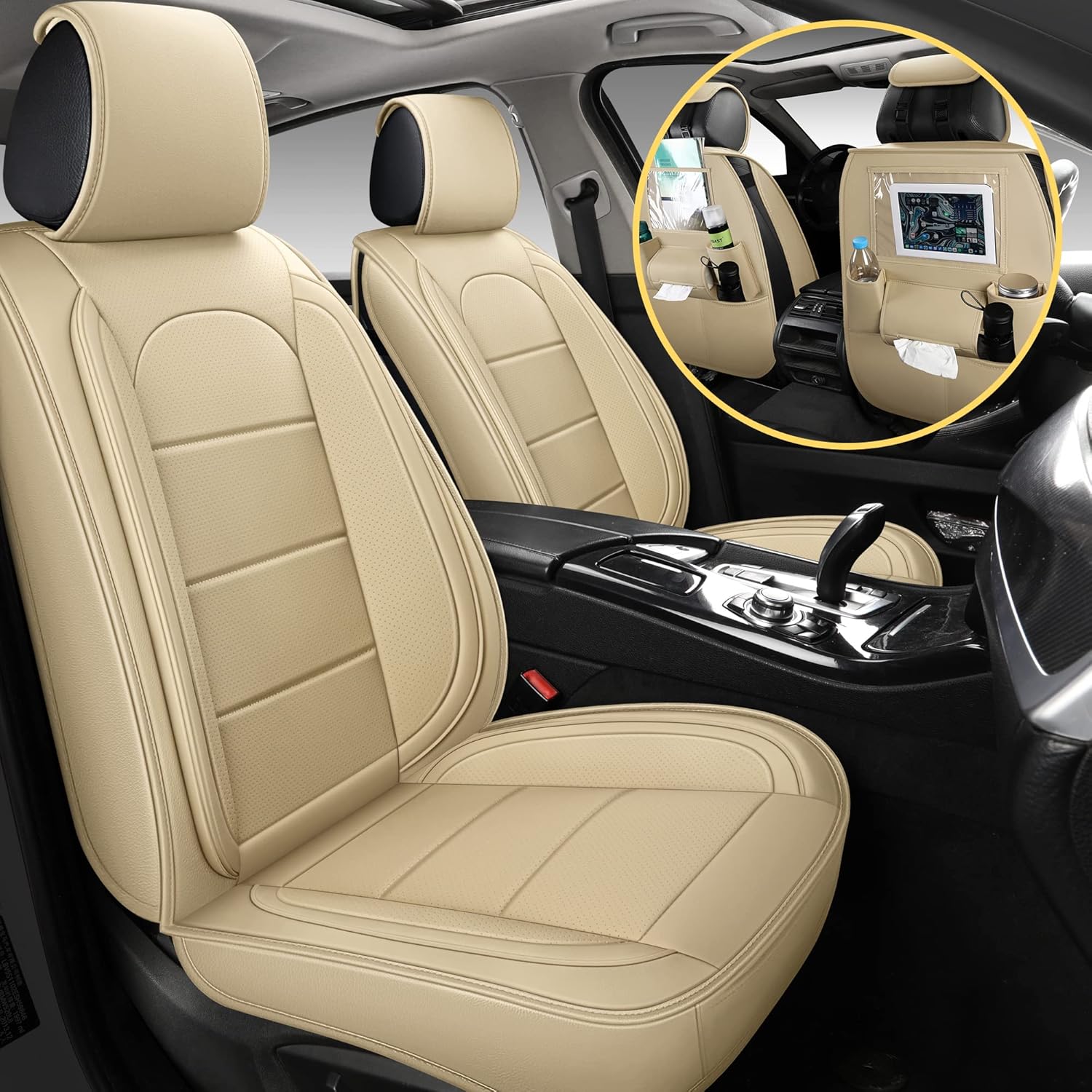 Beige Leather Car Seat Covers Front Pair Y144944