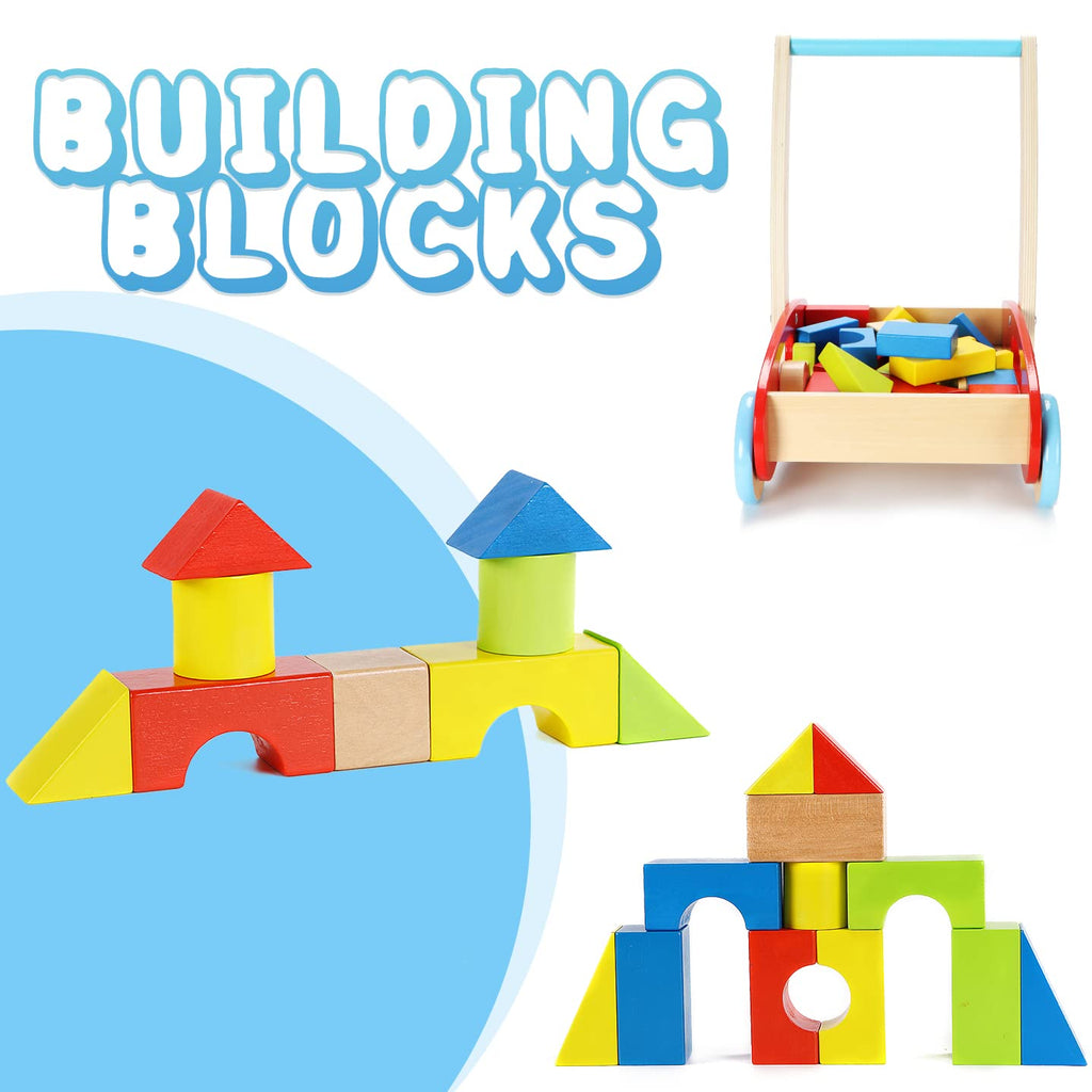 Wooden Baby Walker and Push Toy, Blocks and Roll Cart Pack of 2 Z9801