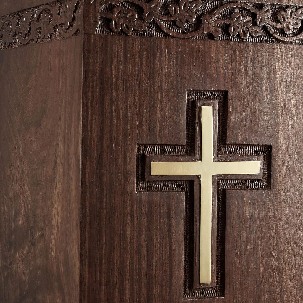 Rosewood Hand-Carved Urn Box with Solid Brass Cross, Velvet Bag W89844