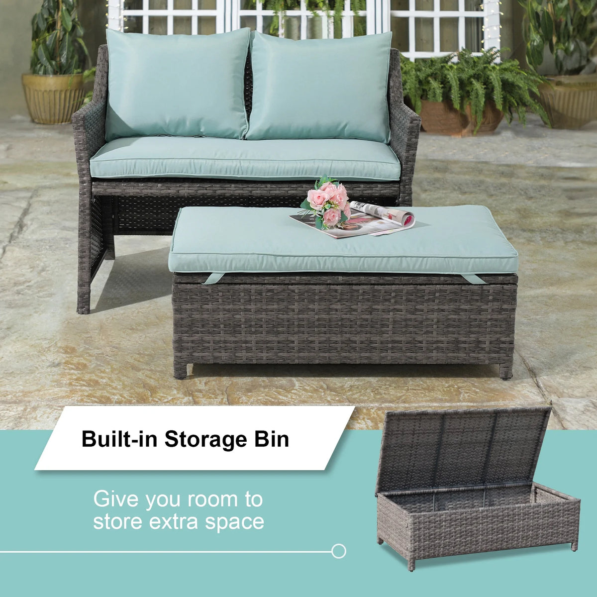 Grey Rattan 2-Piece Outdoor Patio Furniture Set with Green Cushions W27994