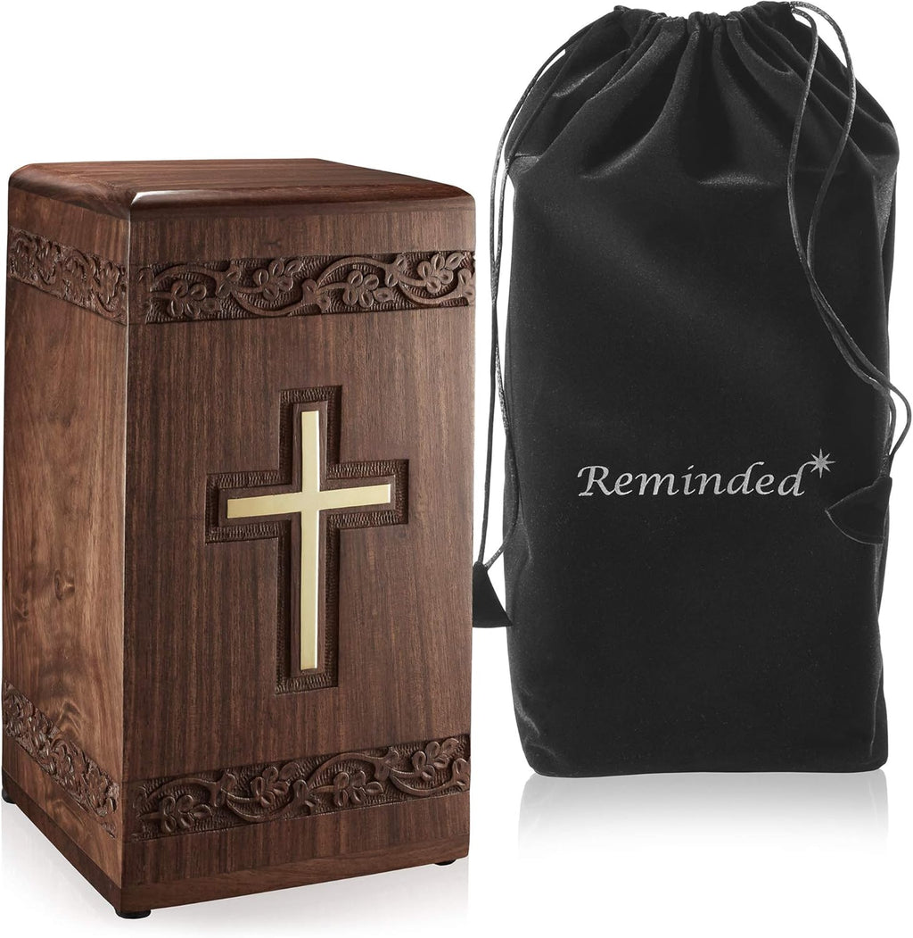 Rosewood Hand-Carved Urn Box with Solid Brass Cross, Velvet Bag W89844