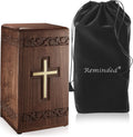Rosewood Hand-Carved Urn Box with Solid Brass Cross, Velvet Bag W89844