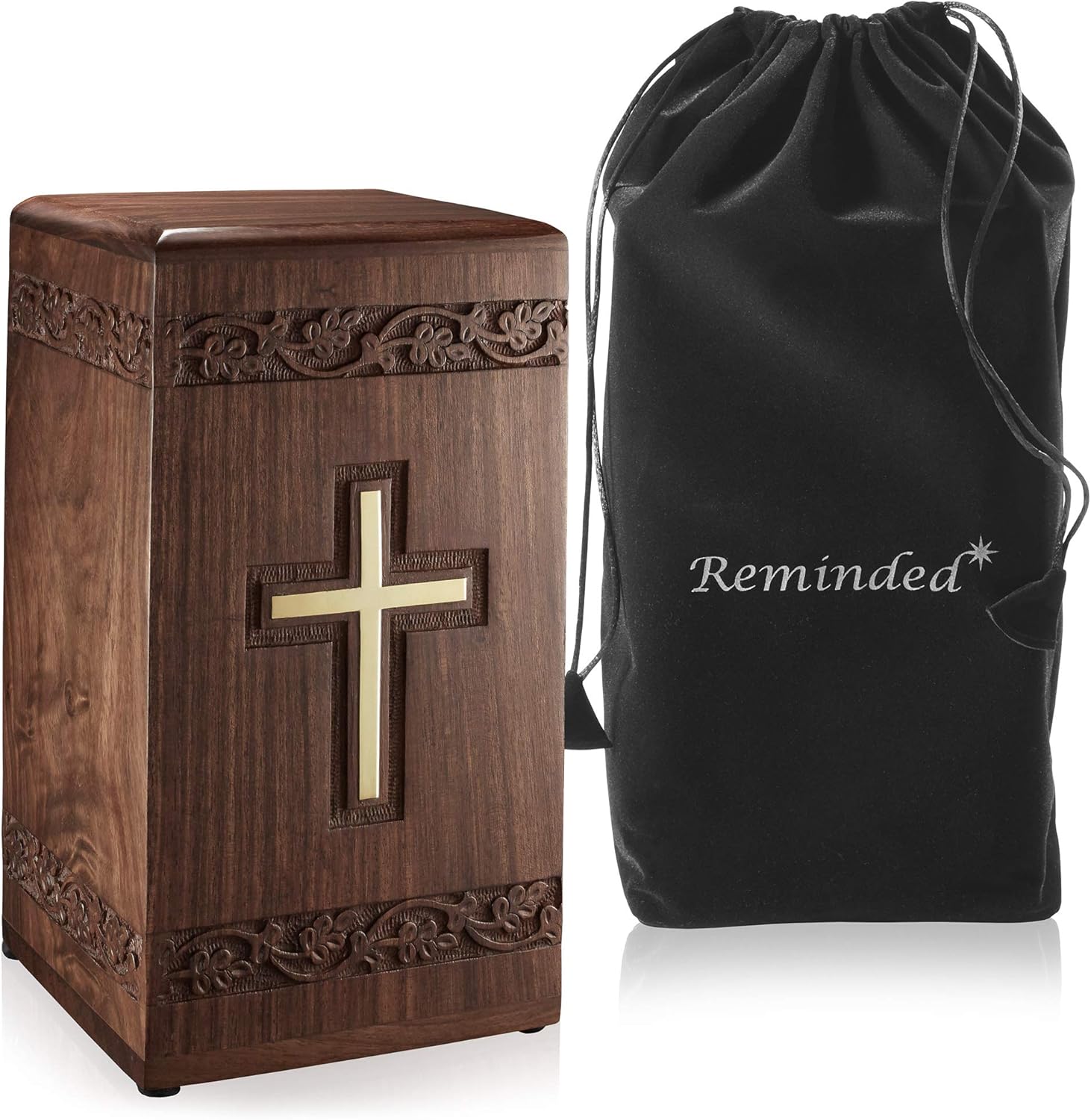 Rosewood Hand-Carved Urn Box with Solid Brass Cross, Velvet Bag W89844