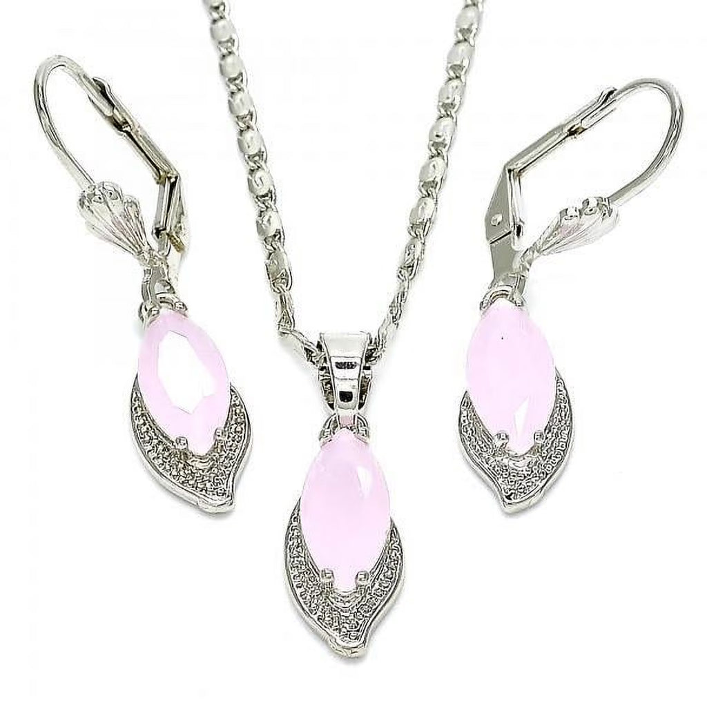 Rhodium Plated Pink CZ Leaf Dangling Drop Pendant Necklace Lever Back Earring Set B39810