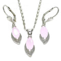 Rhodium Plated Pink CZ Leaf Dangling Drop Pendant Necklace Lever Back Earring Set B39810