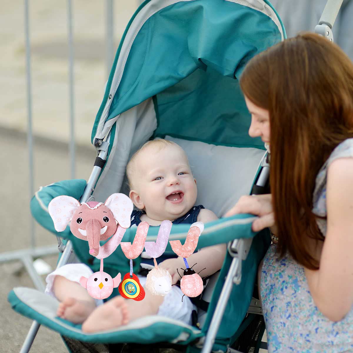 Pink Elephant Baby Car Seat Toys with Musical Owl Rattle V9453