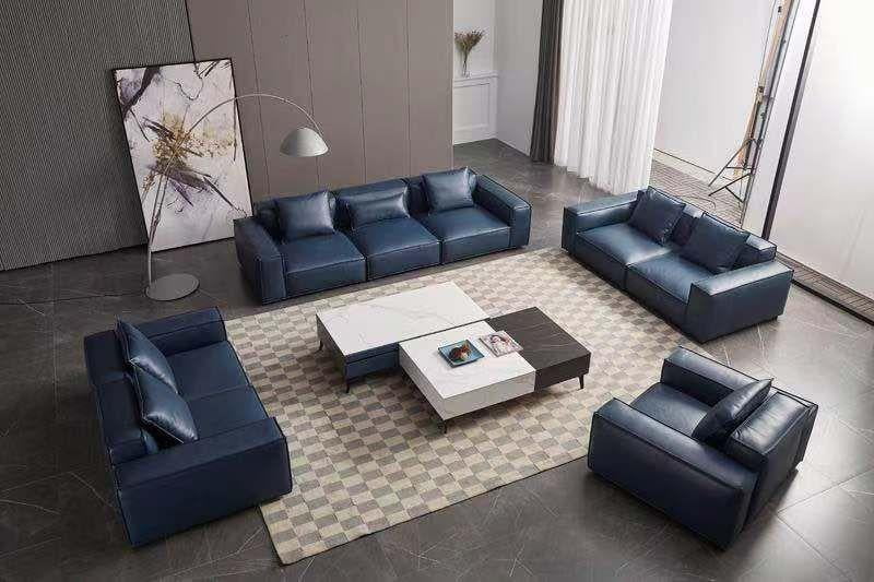 Navy Blue Full Leather Sofa Set 4Pcs D65143