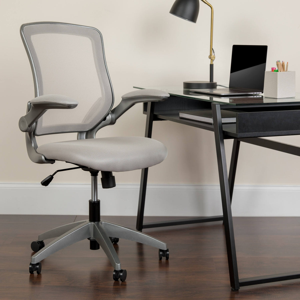 Gray Mesh Swivel Ergonomic Task Office Chair with Flip-Up Arms M397