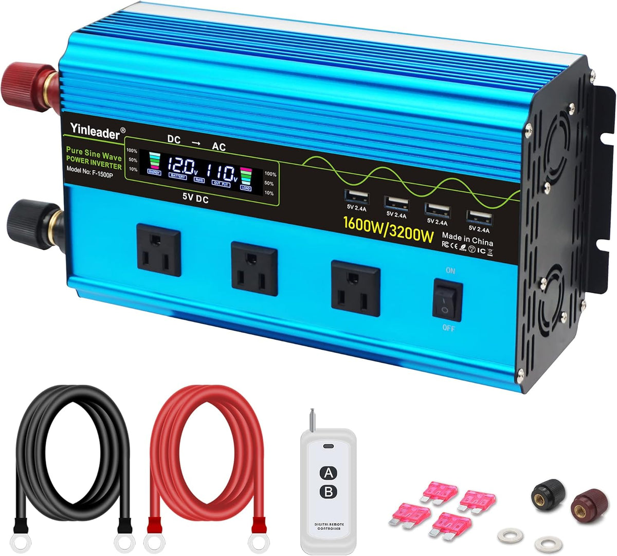 1000W Pure Sine Wave Car Power Inverter DC 12V to 110V AC with Dual AC Outlets and Dual USB Charging Ports D9242