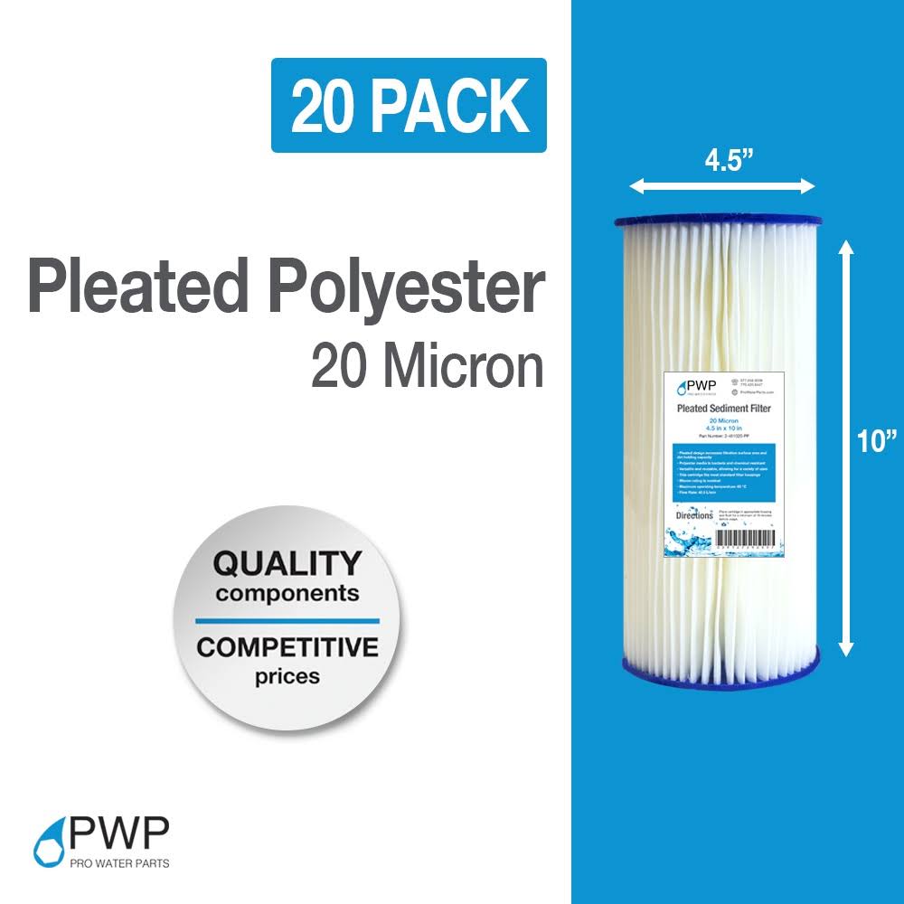20 Pack Pleated Polypropylene Water Filter Cartridge 10x4.5 inch 20 Micron J2381