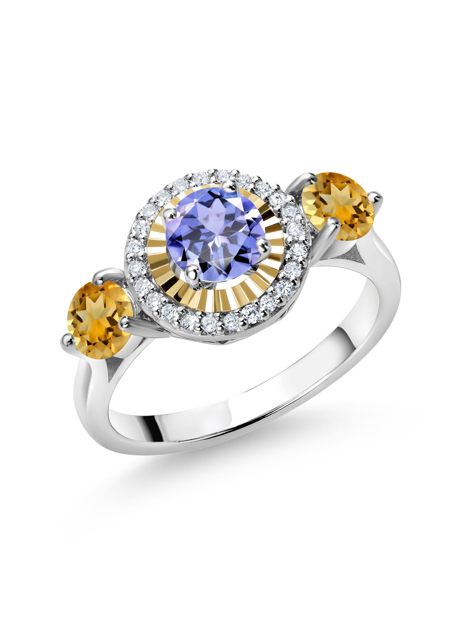 1.09 Ct Blue Tanzanite Yellow Citrine 925 Silver 10K Yellow Gold 3 Stone Ring X73627