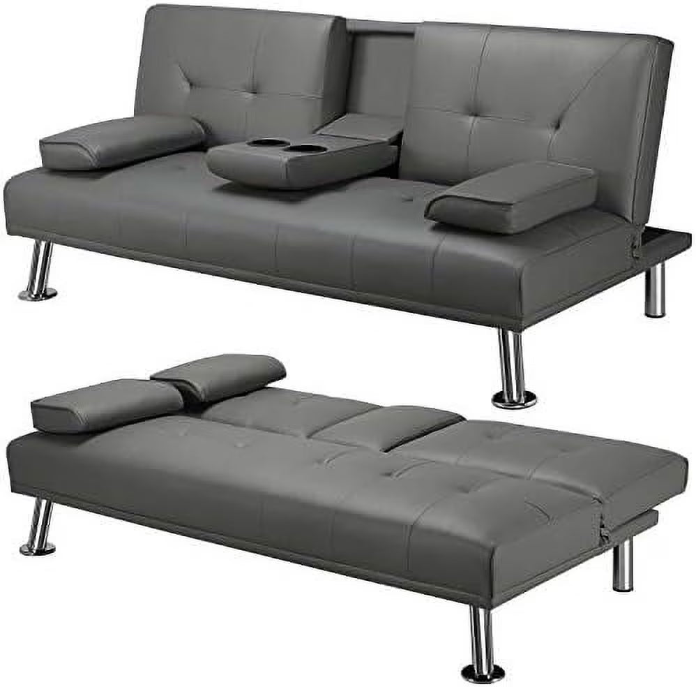 Gray Faux Leather Sofa Bed Futon with Armrest I571281