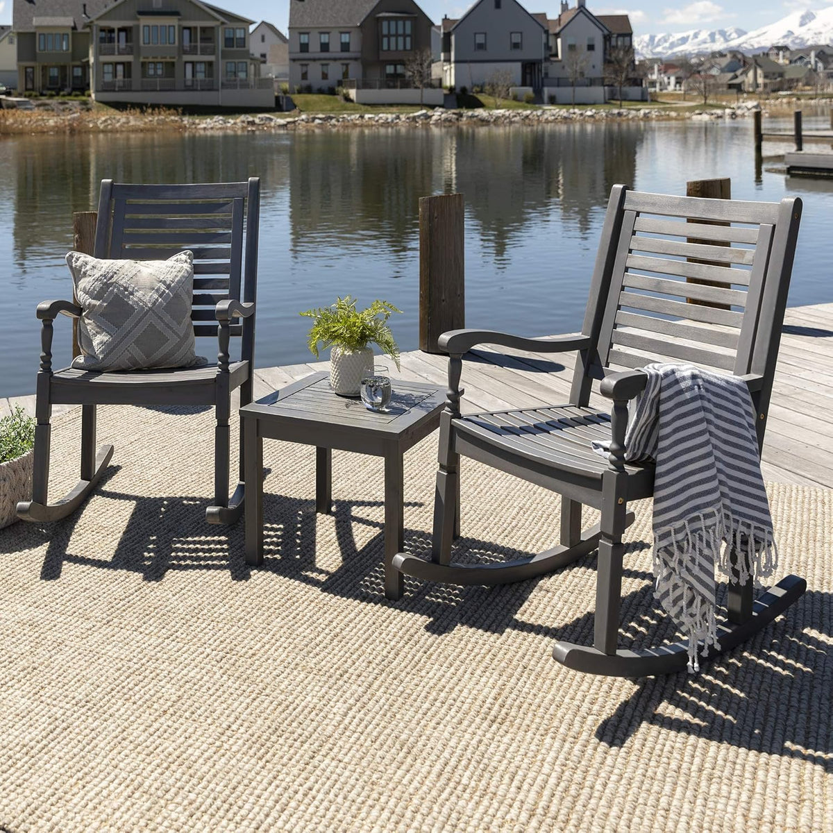 Brown Acacia Wood Slat Back Patio Rocking Chair J17710
