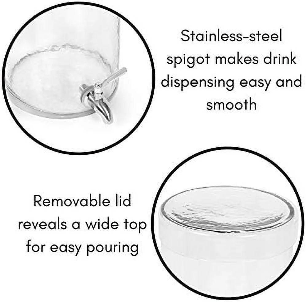 Gallon Beverage Dispenser With Lid, Hammered Glass, Stainless Steel Spigot Y91696