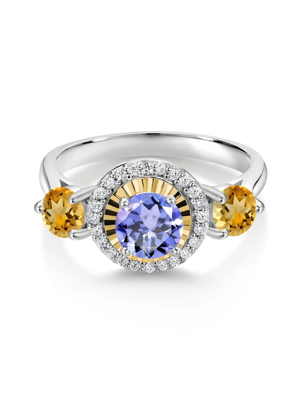 1.09 Ct Blue Tanzanite Yellow Citrine 925 Silver 10K Yellow Gold 3 Stone Ring X73627