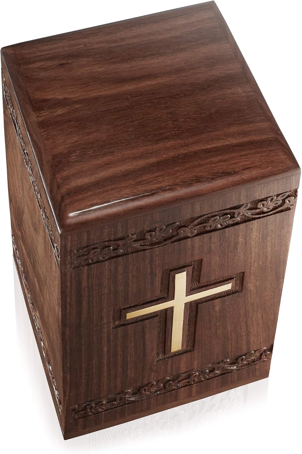 Rosewood Hand-Carved Urn Box with Solid Brass Cross, Velvet Bag W89844