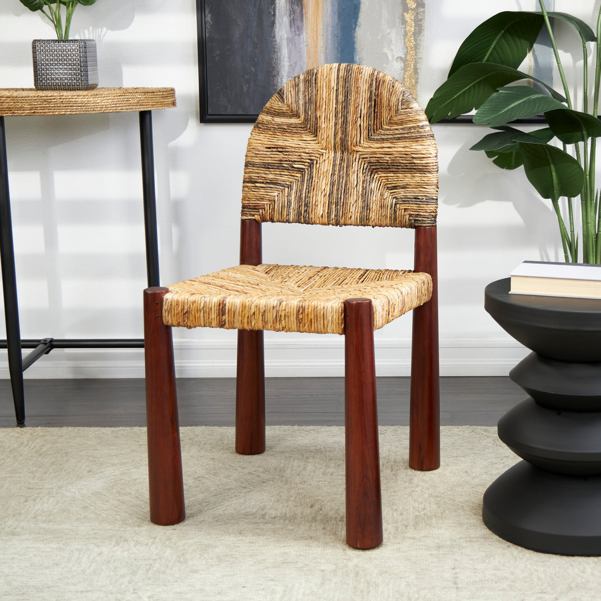 Light Brown Handmade Wood Lounge Chair with Woven Banana Leaf Seat, Set of 2 V7333
