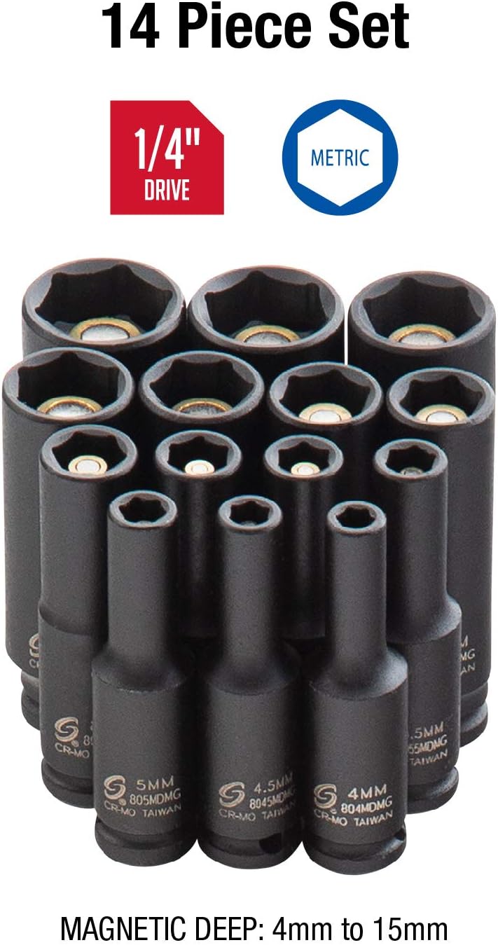 14-Piece 1/4 Inch Drive Deep Magnetic Impact Socket Set, Metric, Cr-Mo Alloy Steel M502106