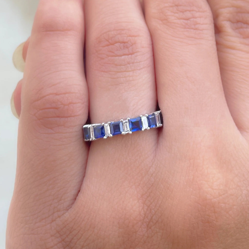 14K White Gold Princess Cut Blue Sapphire Half Eternity Ring with Diamond Z366842