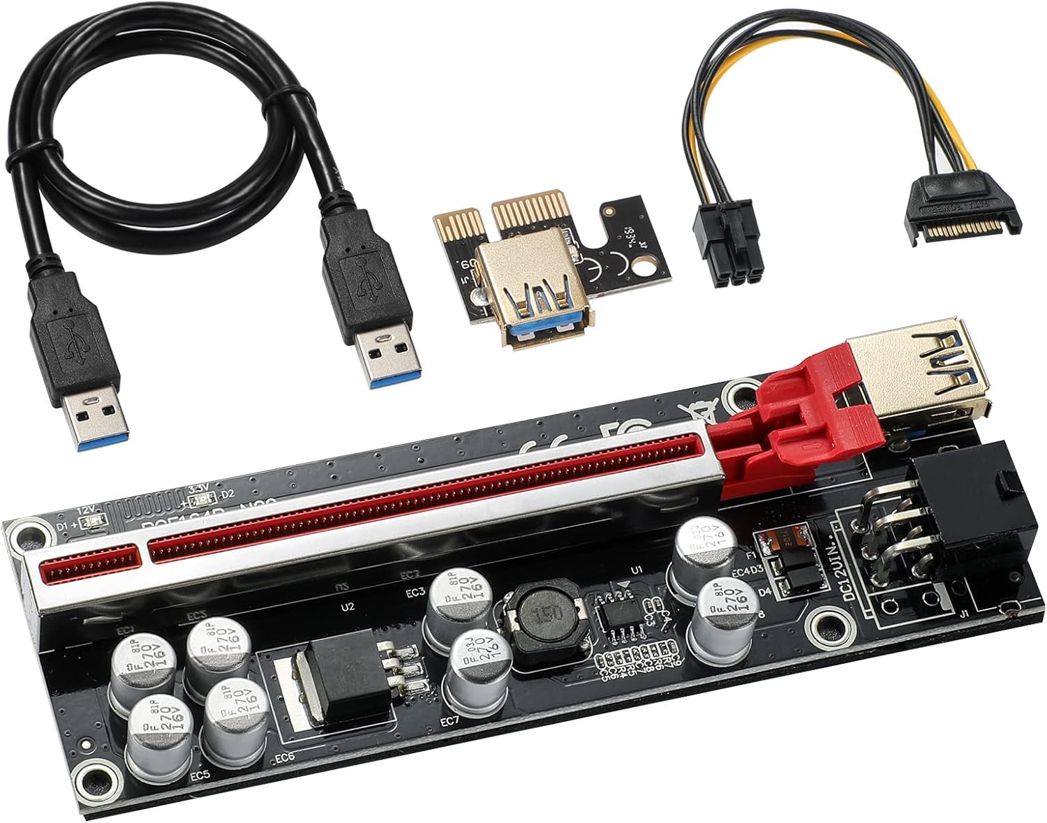 Red 6 PCS PCI-E 1X to 16X Riser Card with 6PIN SATA Power Cable L31529