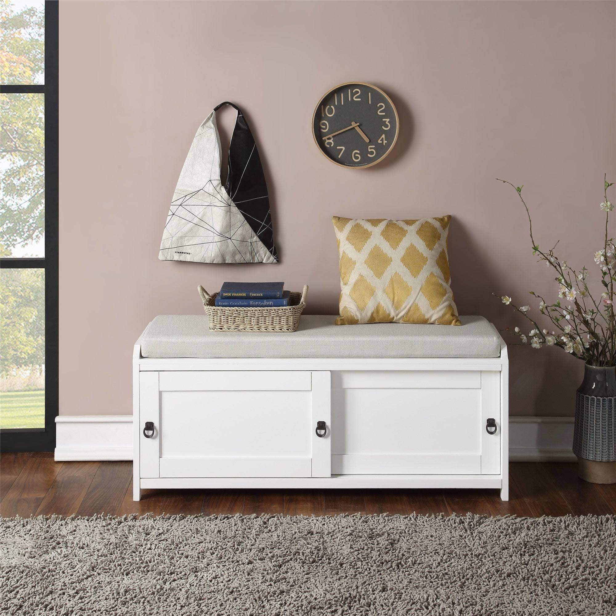 White Wood Entryway Storage Bench with 2 Cabinets V43796