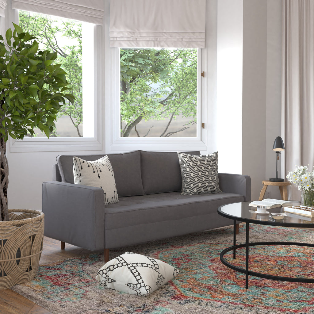 Dark Gray Tufted Faux Linen Sofa with Solid Wood Legs P188473